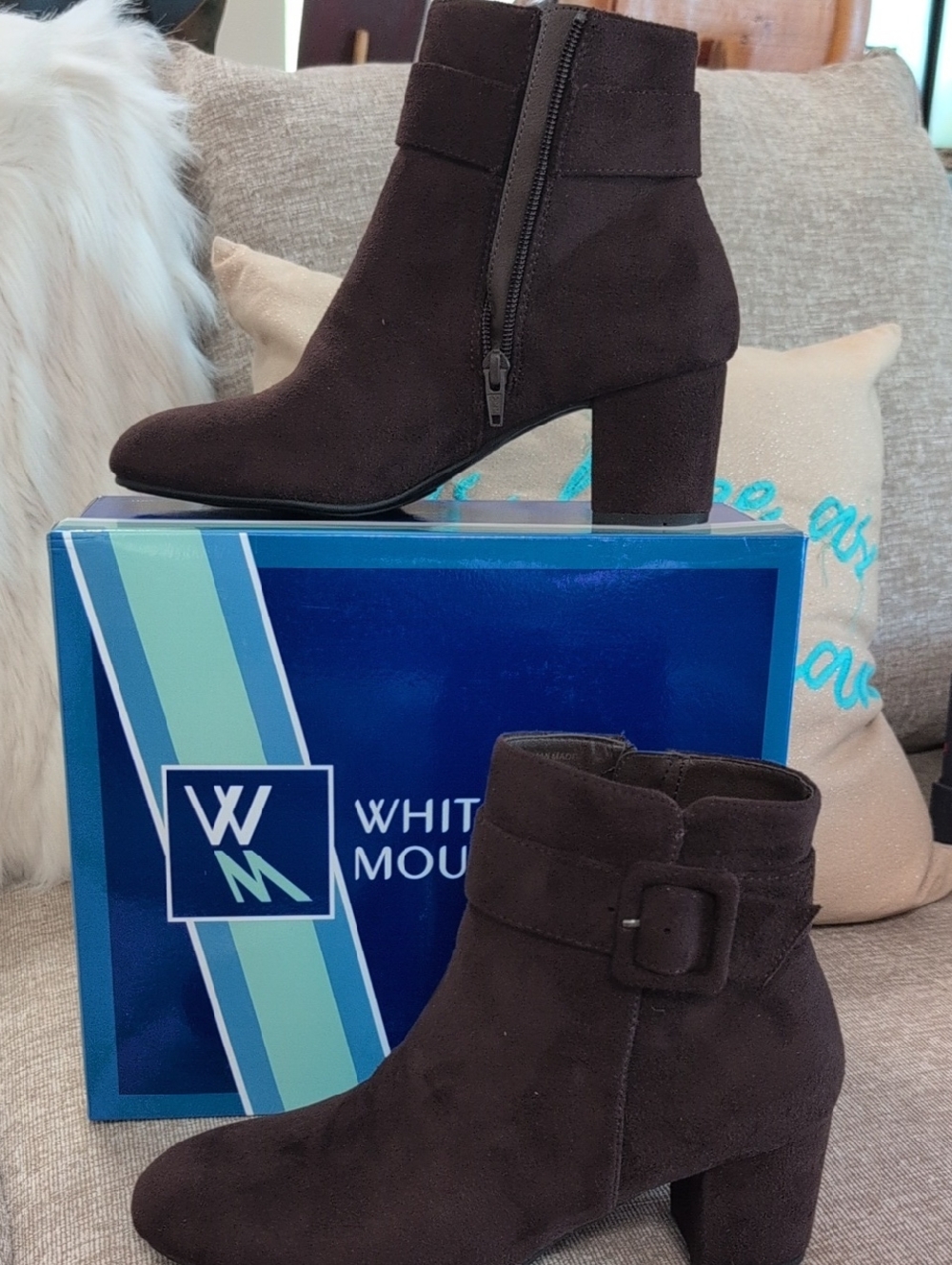 White Mountain Brown Suede Block Heel Ankle Booties with Buckle Brand New